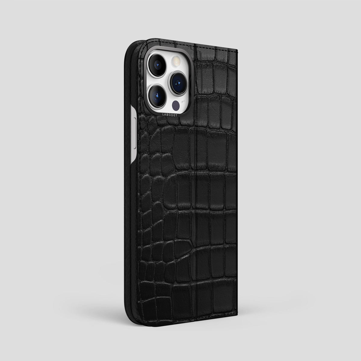 Black iPhone 15 Pro Max Folio Stand Alligator with Black Metal -1 | Black-Black