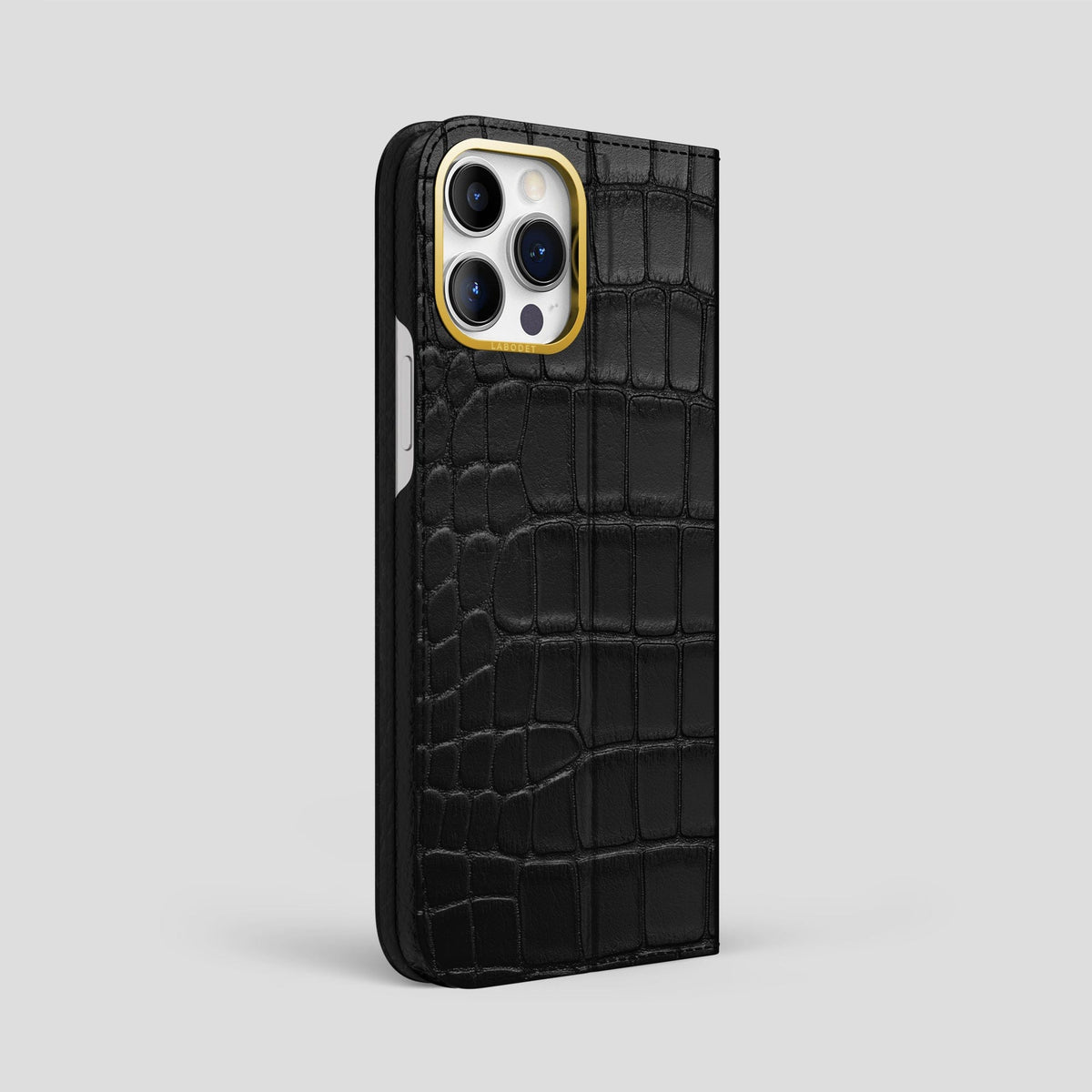 Black iPhone 15 Pro Max Folio Stand Alligator with Gold Metal -1 | Black-Gold