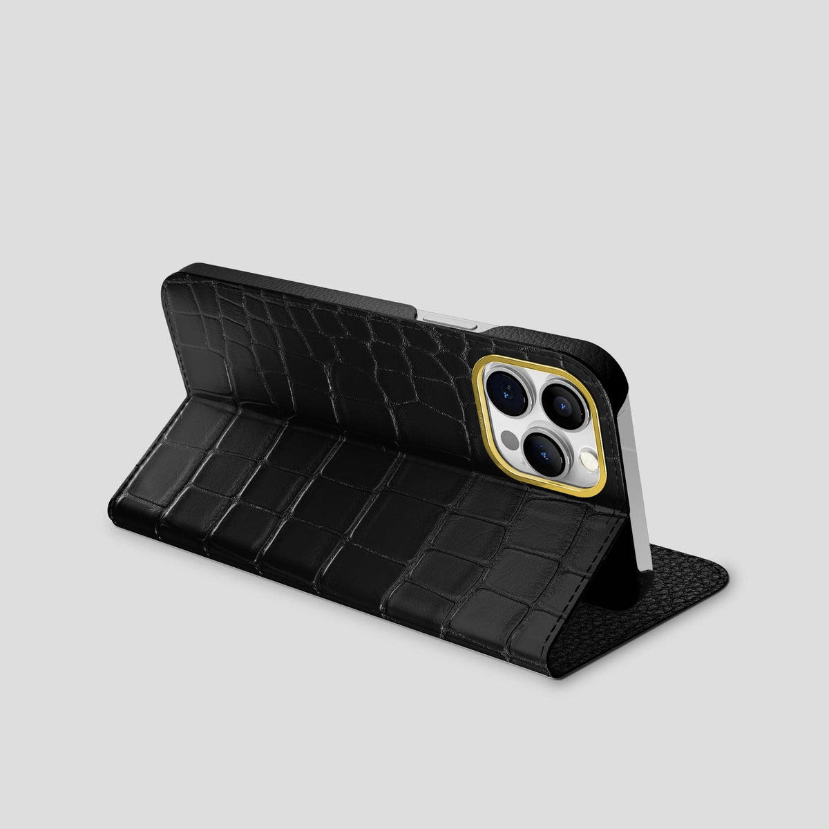 Black iPhone 15 Pro Max Folio Stand Alligator with Gold Metal -3 | Black-Gold