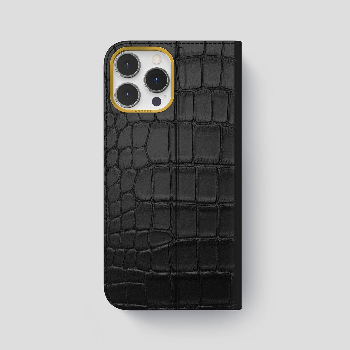 Black iPhone 15 Pro Max Folio Stand Alligator with Gold Metal -5 | Black-Gold