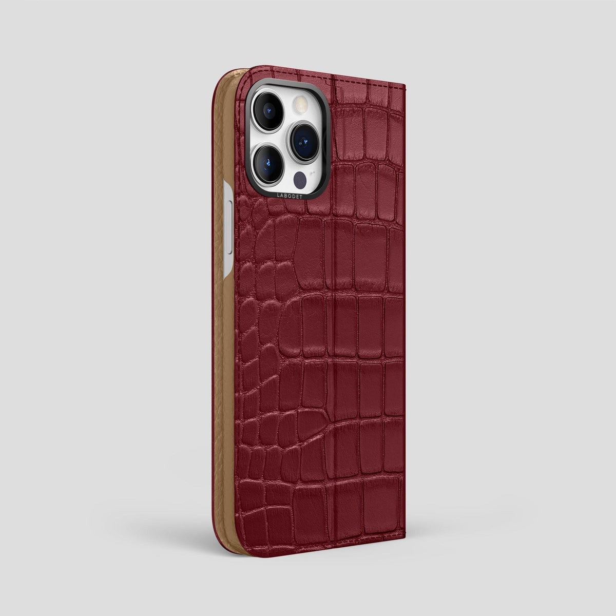 Burgundy iPhone 15 Pro Max Folio Stand Alligator with Black Metal -1 | Burgundy-Black