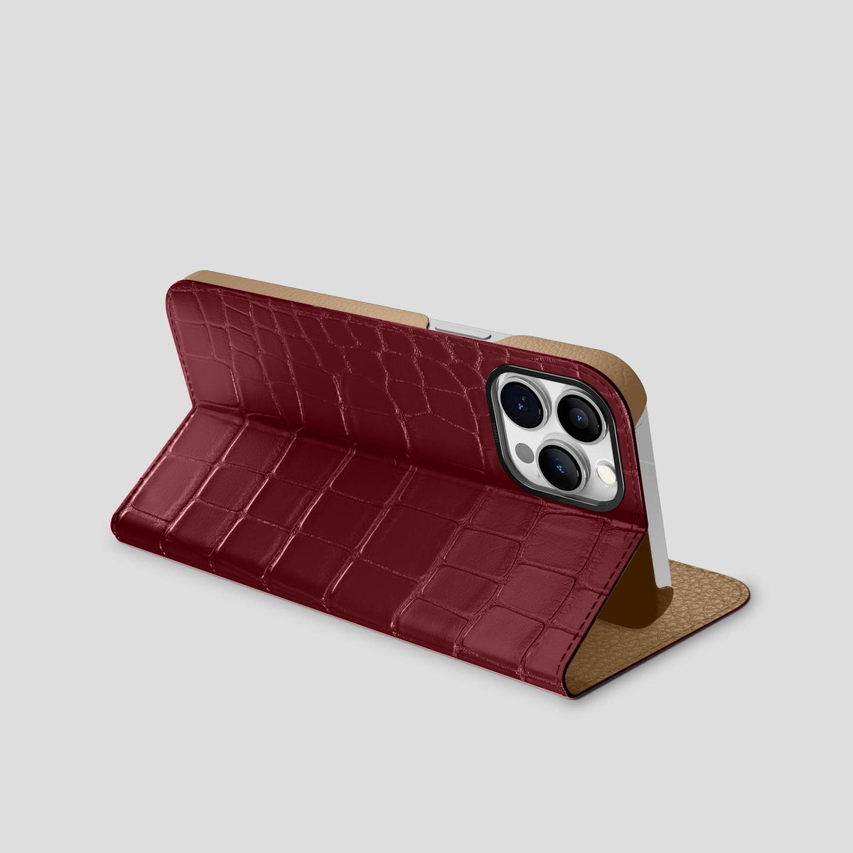 Burgundy iPhone 15 Pro Max Folio Stand Alligator with Black Metal -3 | Burgundy-Black