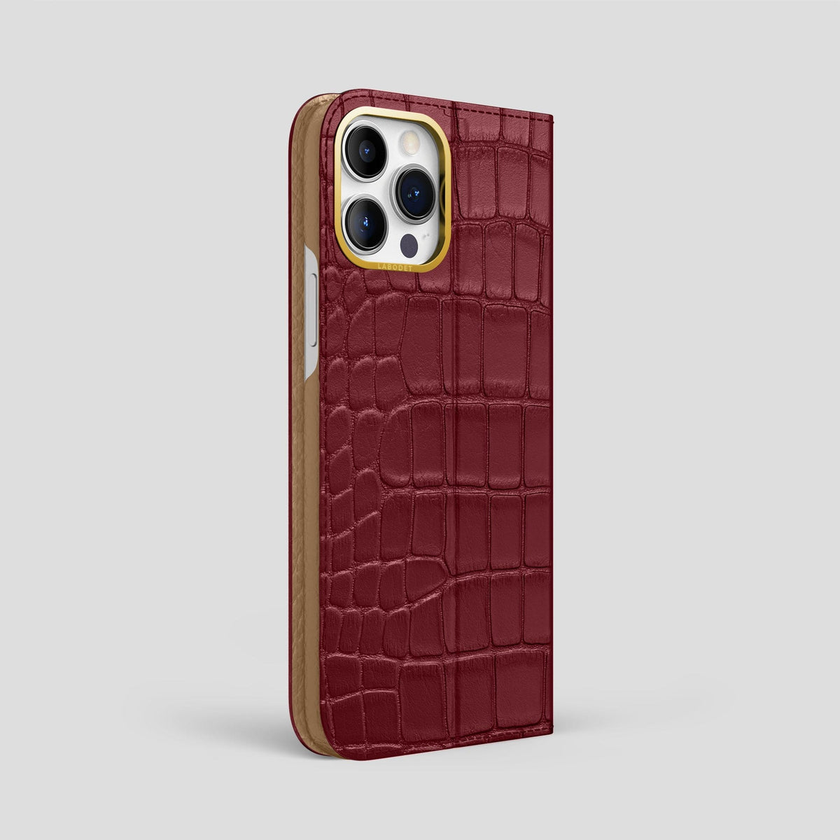 Burgundy iPhone 15 Pro Max Folio Stand Alligator with Gold Metal -1 | Burgundy-Gold