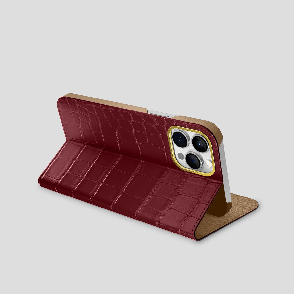 Burgundy iPhone 15 Pro Max Folio Stand Alligator with Gold Metal -3 | Burgundy-Gold