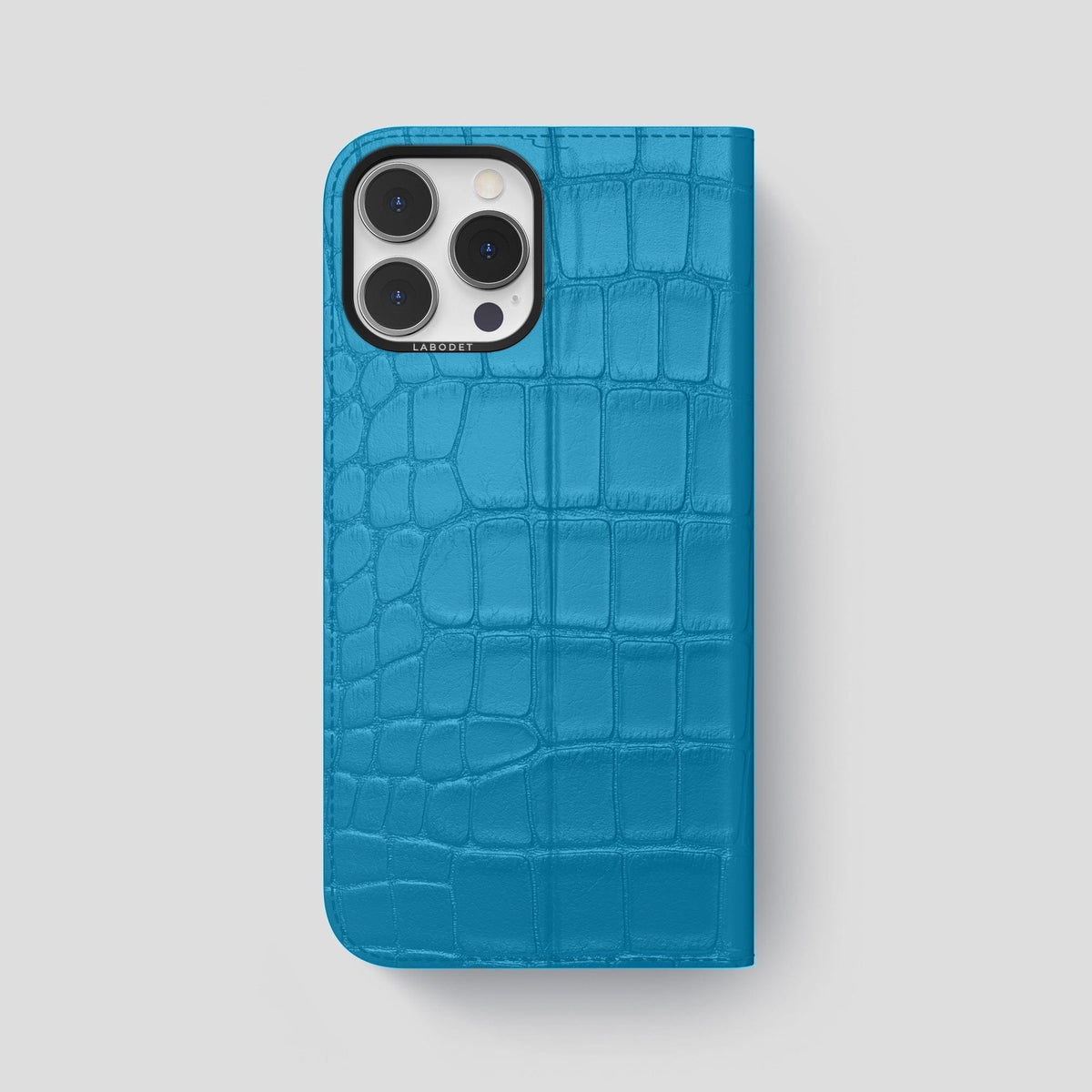 Curaçao-Blue iPhone 15 Pro Max Folio Stand Alligator with Black Metal -5 | Curaçao-Blue-Black