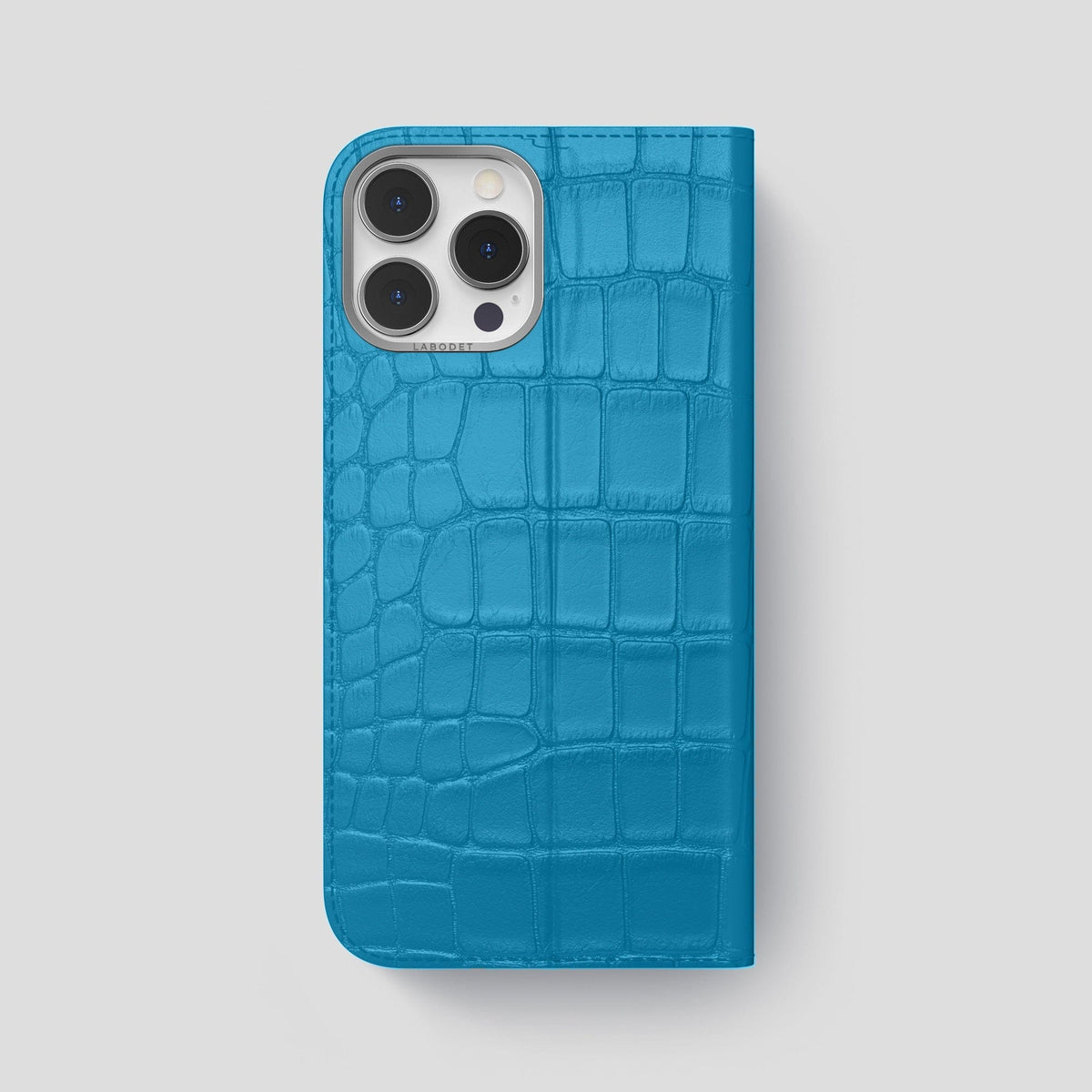 Curaçao-Blue iPhone 15 Pro Max Folio Stand Alligator with Steel Metal -5 | Curaçao-Blue-Steel