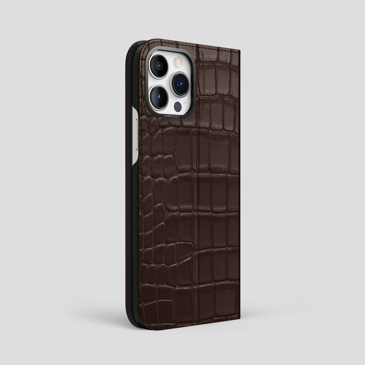 Dark-Brown iPhone 15 Pro Max Folio Stand Alligator with Black Metal -1 | Dark-Brown-Black