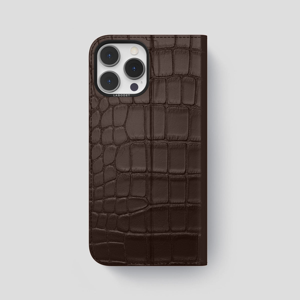 Dark-Brown iPhone 15 Pro Max Folio Stand Alligator with Black Metal -5 | Dark-Brown-Black