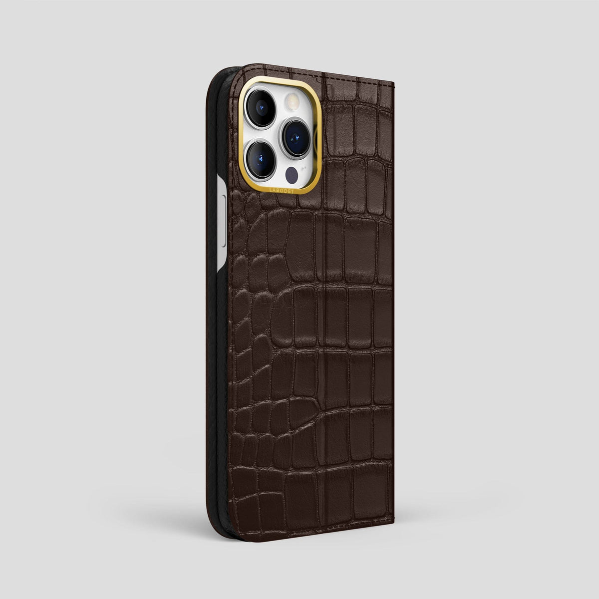 Dark-Brown iPhone 15 Pro Max Folio Stand Alligator with Gold Metal -1 | Dark-Brown-Gold
