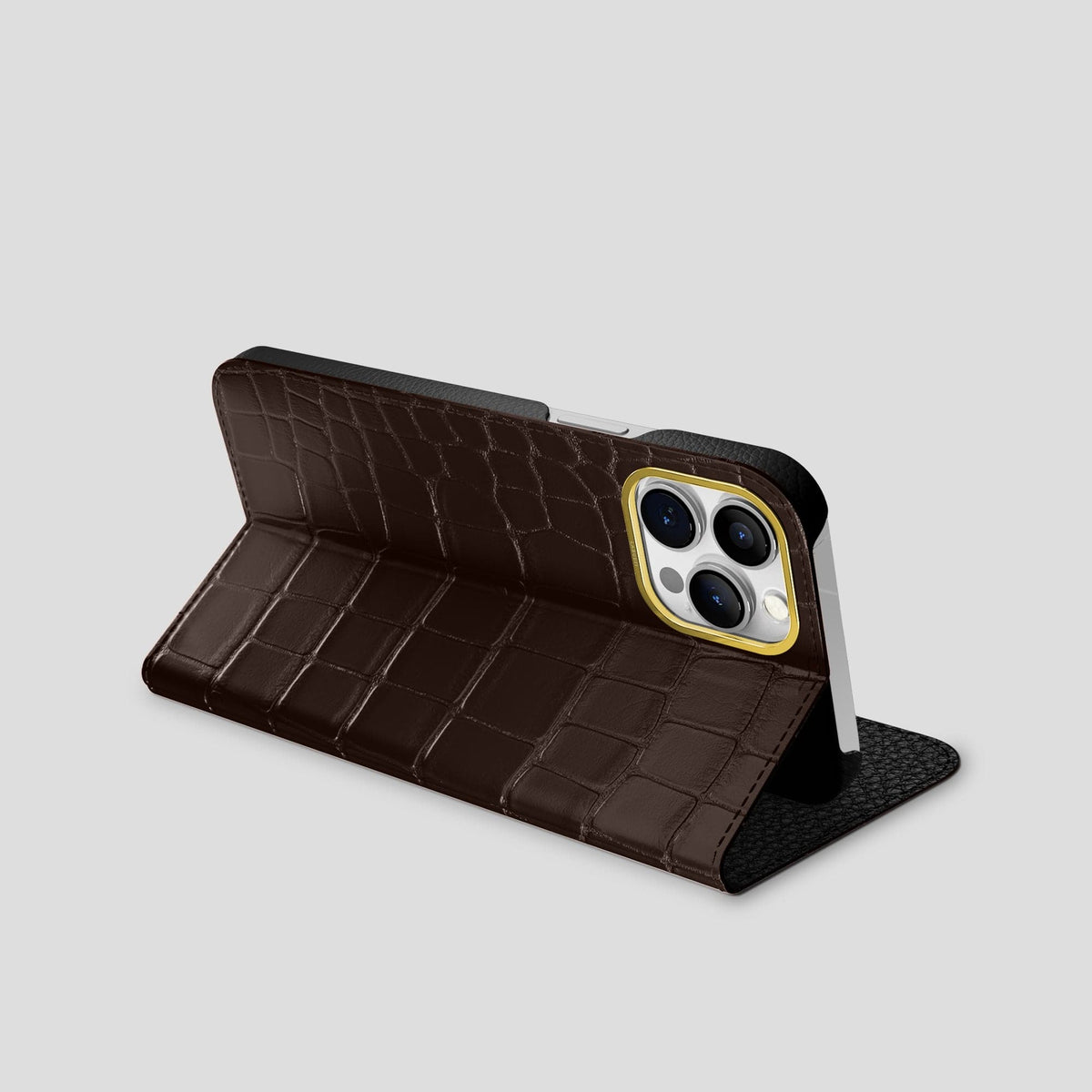 Dark-Brown iPhone 15 Pro Max Folio Stand Alligator with Gold Metal -3 | Dark-Brown-Gold