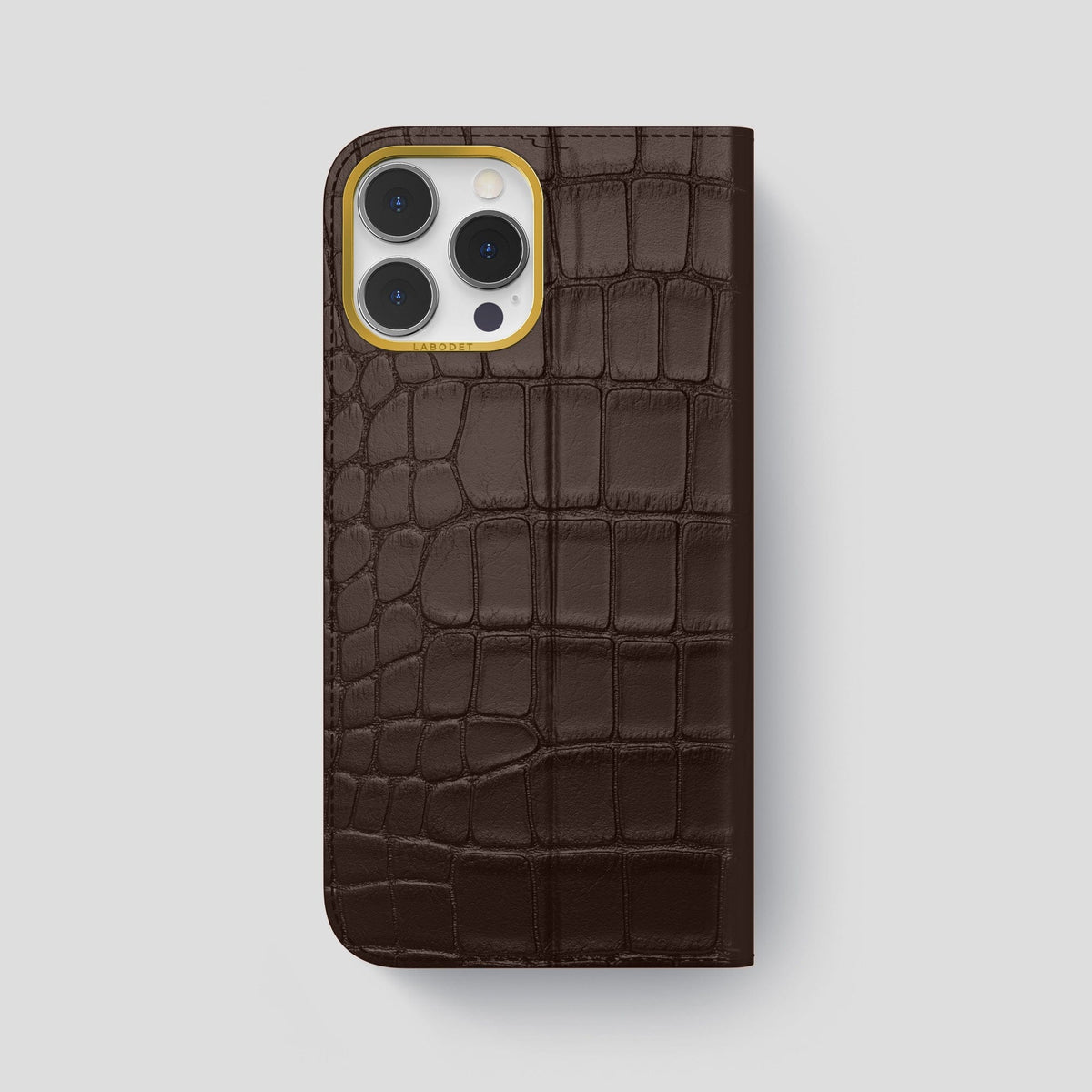 Dark-Brown iPhone 15 Pro Max Folio Stand Alligator with Gold Metal -5 | Dark-Brown-Gold