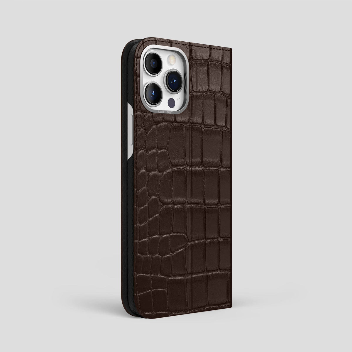 Dark-Brown iPhone 15 Pro Max Folio Stand Alligator with Steel Metal -1 | Dark-Brown-Steel