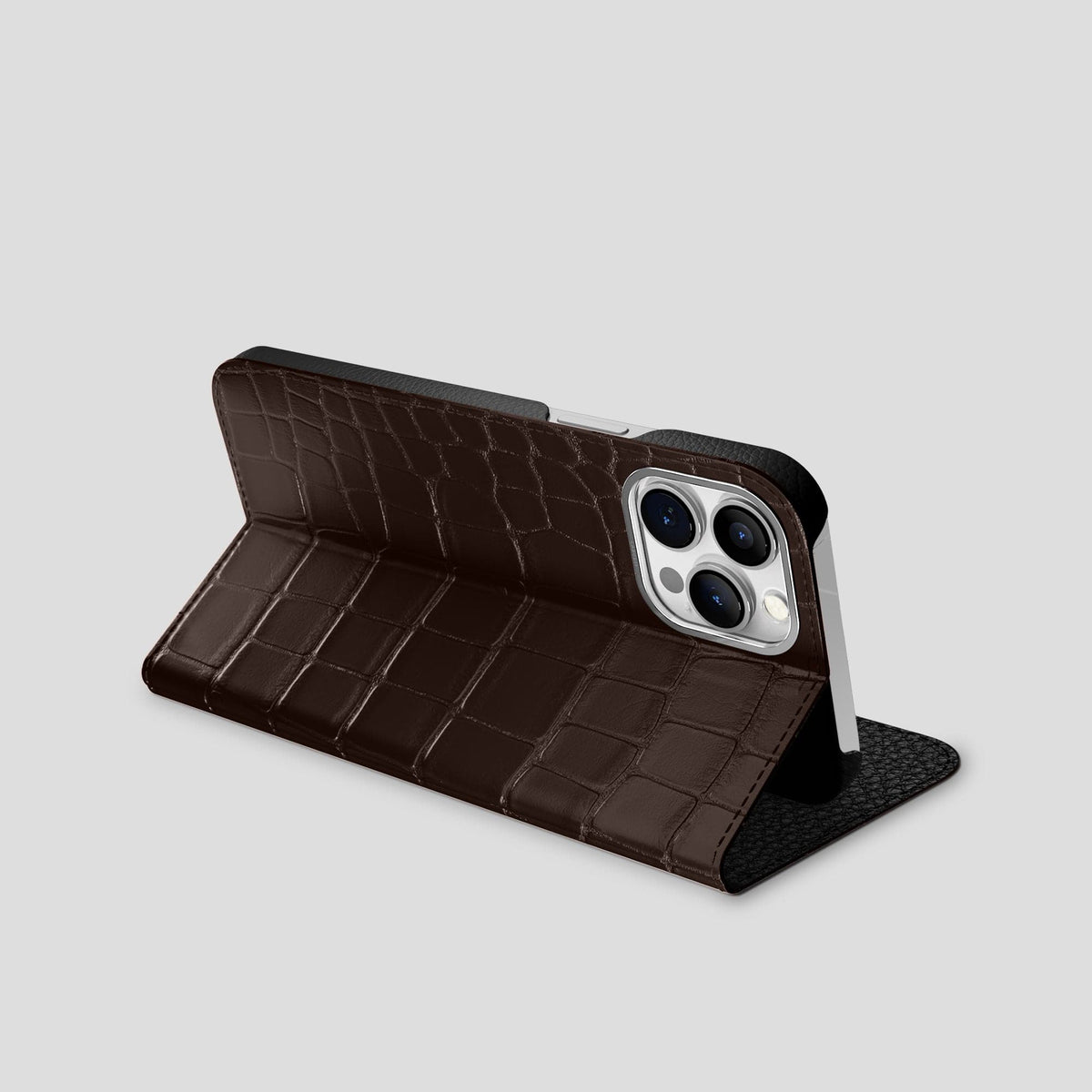 Dark-Brown iPhone 15 Pro Max Folio Stand Alligator with Steel Metal -3 | Dark-Brown-Steel