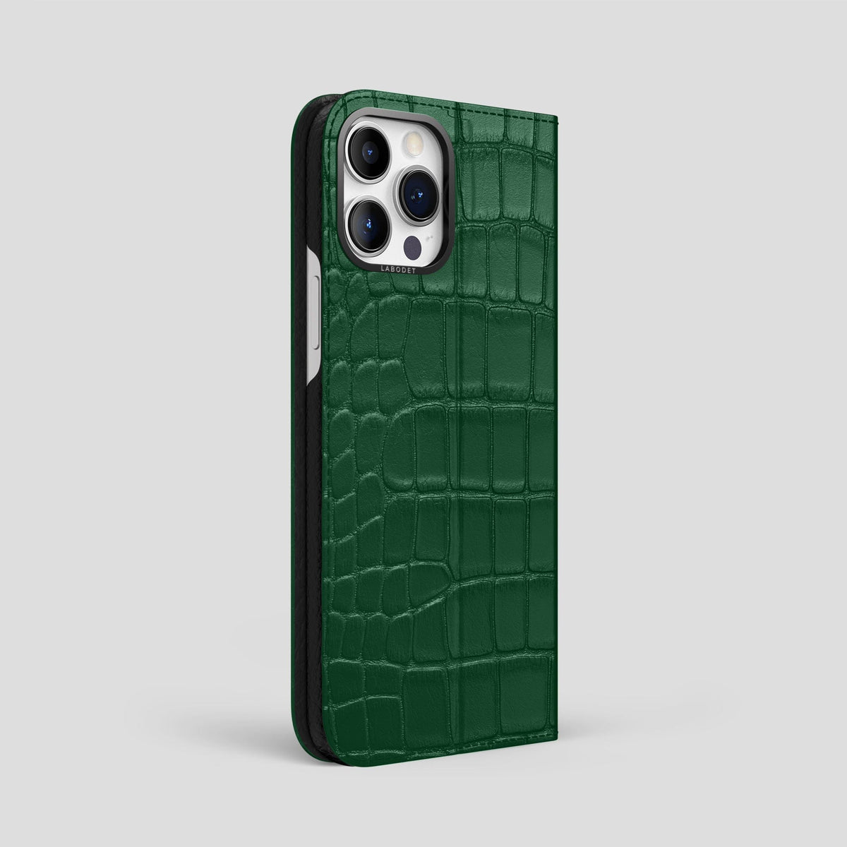 Forest-Green iPhone 15 Pro Max Folio Stand Alligator with Black Metal -1 | Forest-Green-Black