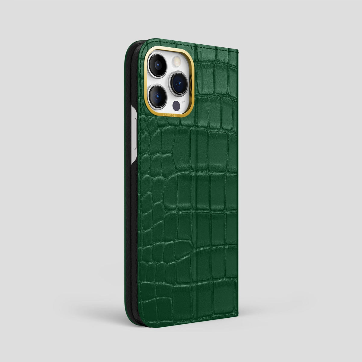 Forest-Green iPhone 15 Pro Max Folio Stand Alligator with Gold Metal -1 | Forest-Green-Gold
