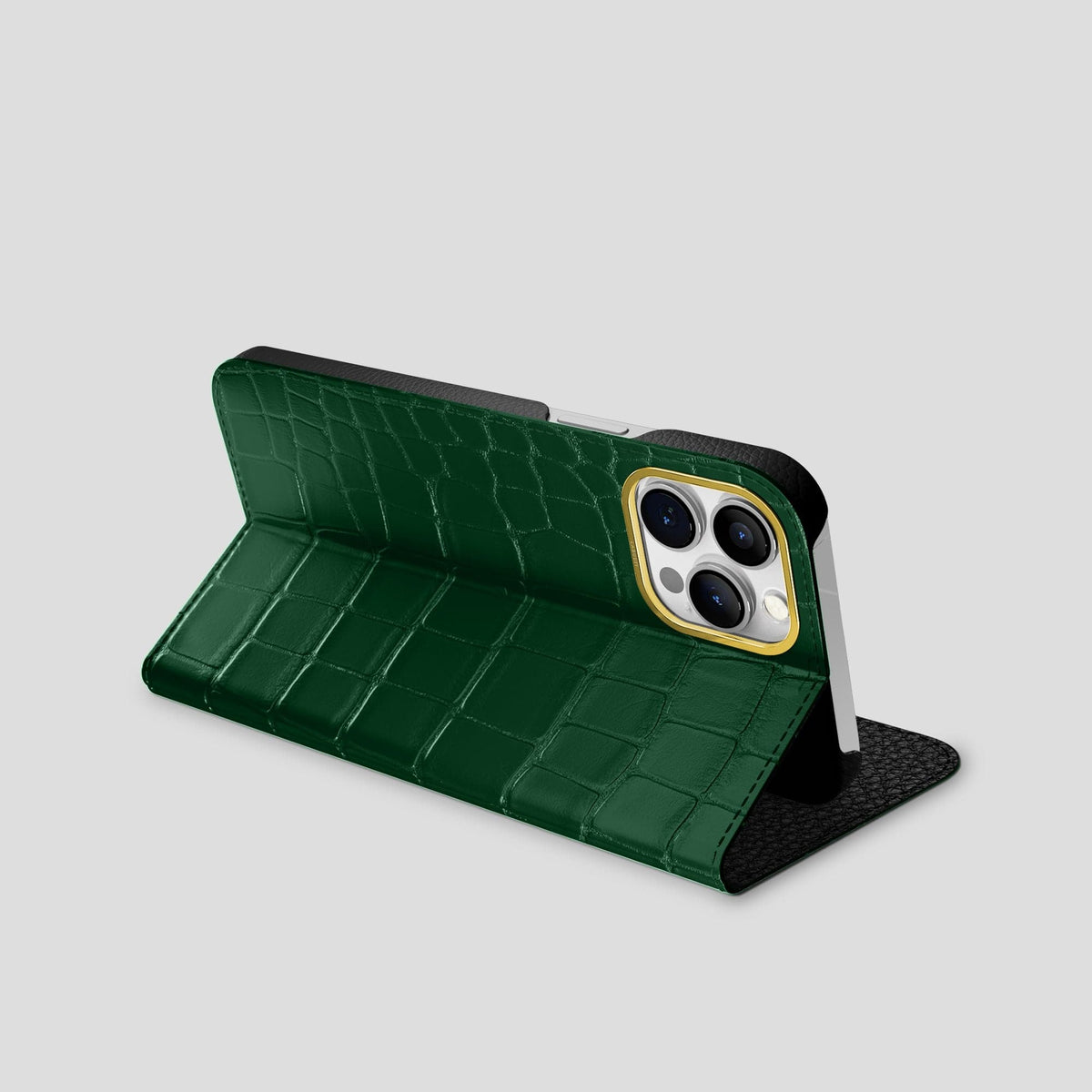 Forest-Green iPhone 15 Pro Max Folio Stand Alligator with Gold Metal -3 | Forest-Green-Gold