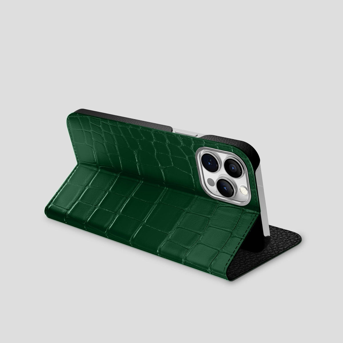 Forest-Green iPhone 15 Pro Max Folio Stand Alligator with Steel Metal -3 | Forest-Green-Steel