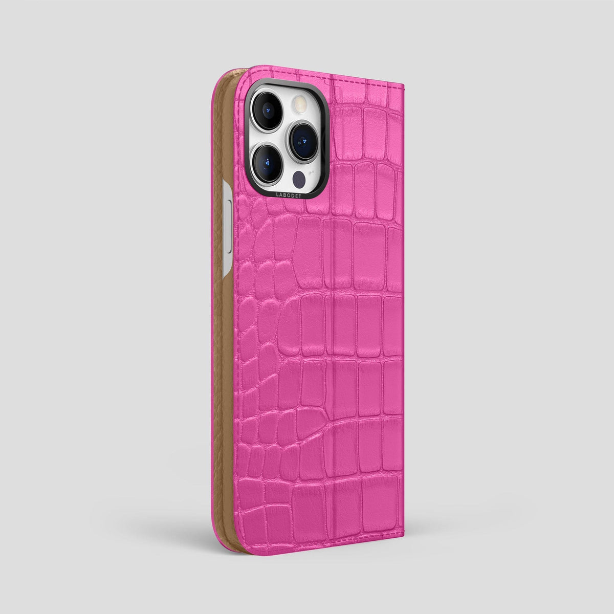 Fuchsia iPhone 15 Pro Max Folio Stand Alligator with Black Metal -1 | Fuchsia-Black