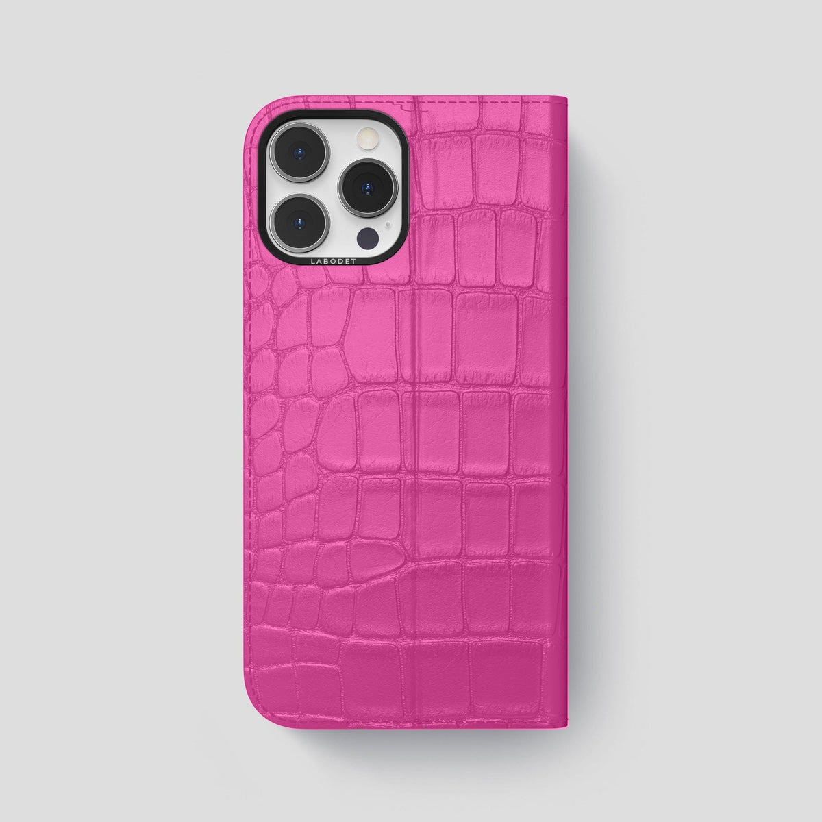 Fuchsia iPhone 15 Pro Max Folio Stand Alligator with Black Metal -5 | Fuchsia-Black