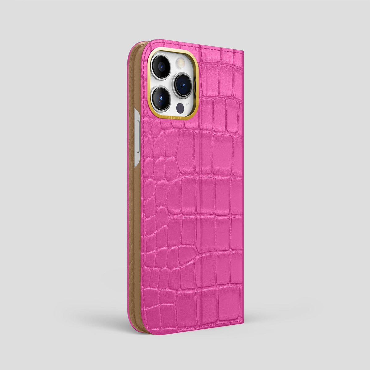 Fuchsia iPhone 15 Pro Max Folio Stand Alligator with Gold Metal -1 | Fuchsia-Gold
