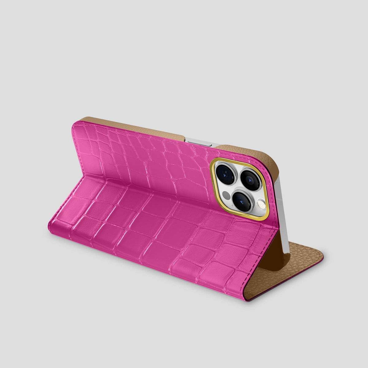 Fuchsia iPhone 15 Pro Max Folio Stand Alligator with Gold Metal -3 | Fuchsia-Gold
