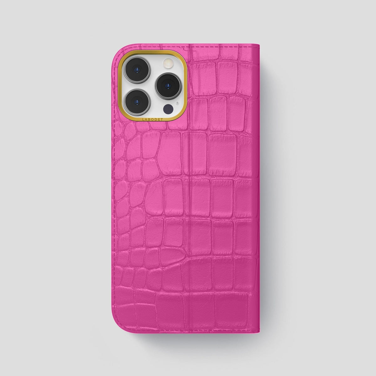 Fuchsia iPhone 15 Pro Max Folio Stand Alligator with Gold Metal -5 | Fuchsia-Gold