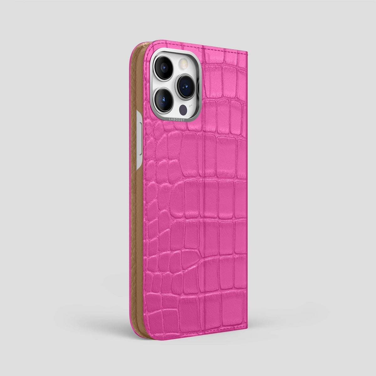 Fuchsia iPhone 15 Pro Max Folio Stand Alligator with Steel Metal -1 | Fuchsia-Steel