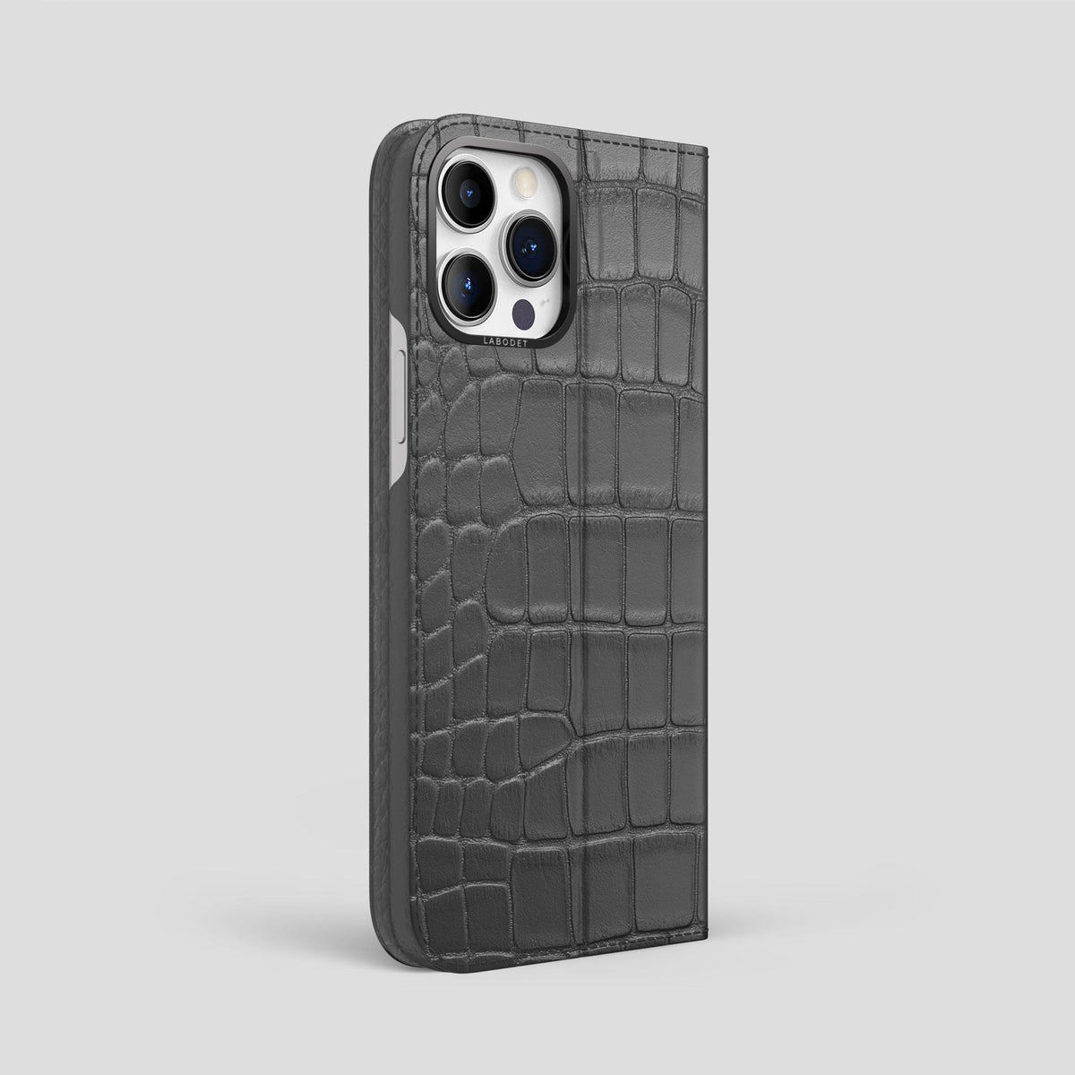 Grey iPhone 15 Pro Max Folio Stand Alligator with Black Metal -1 | Grey-Black