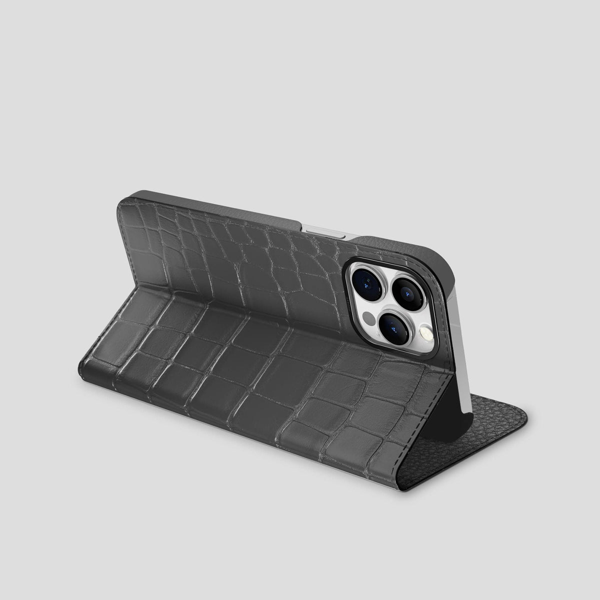 Grey iPhone 15 Pro Max Folio Stand Alligator with Black Metal -3 | Grey-Black