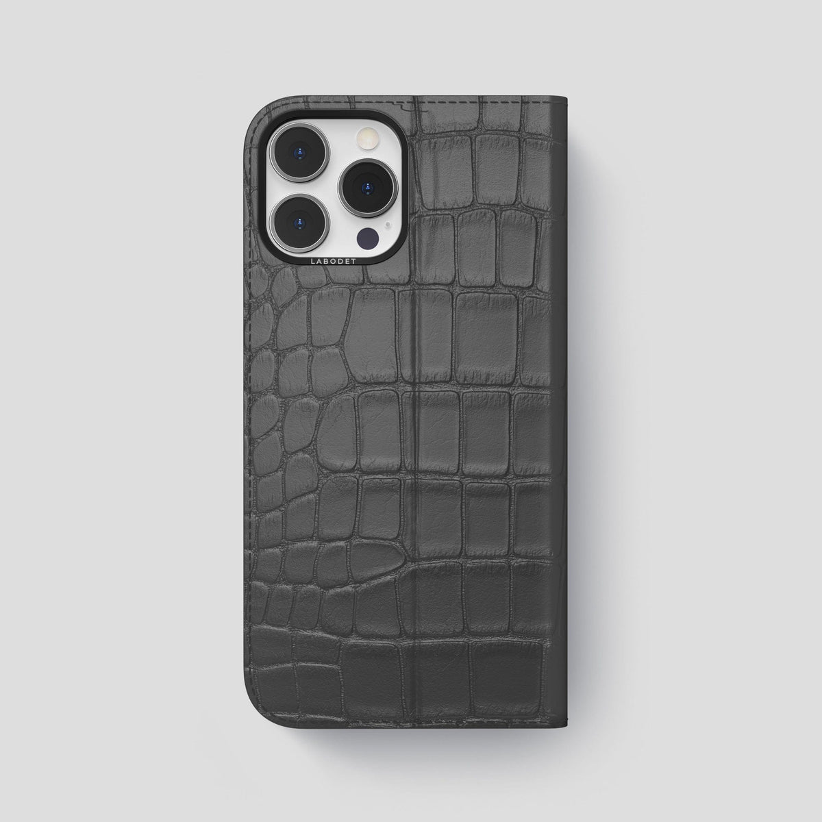 Grey iPhone 15 Pro Max Folio Stand Alligator with Black Metal -5 | Grey-Black