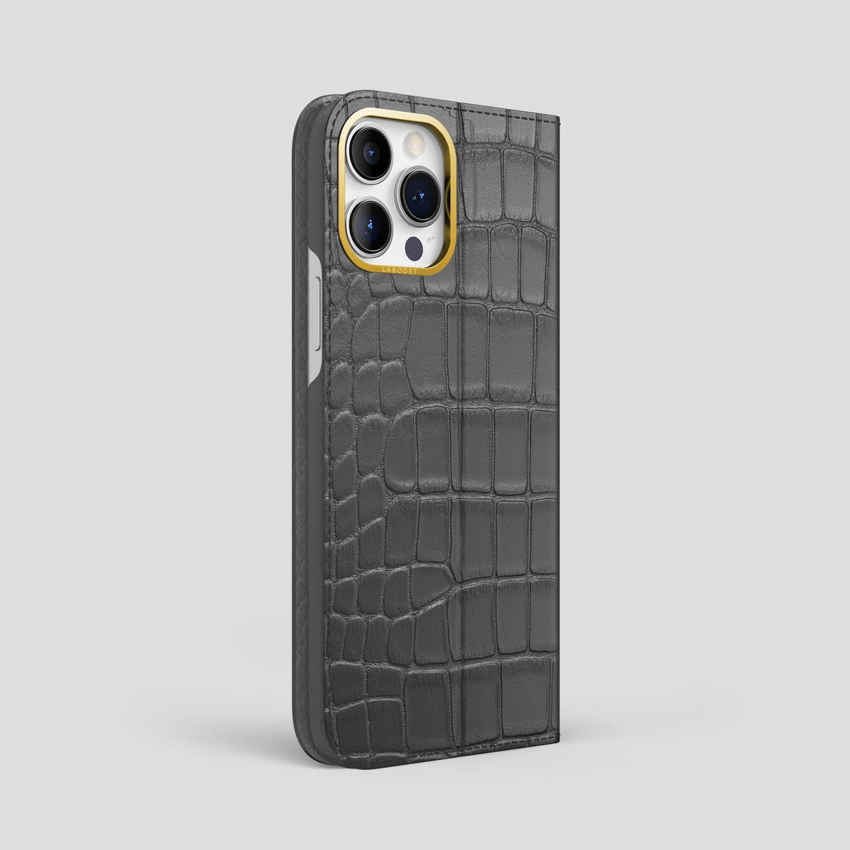 Grey iPhone 15 Pro Max Folio Stand Alligator with Gold Metal -1 | Grey-Gold