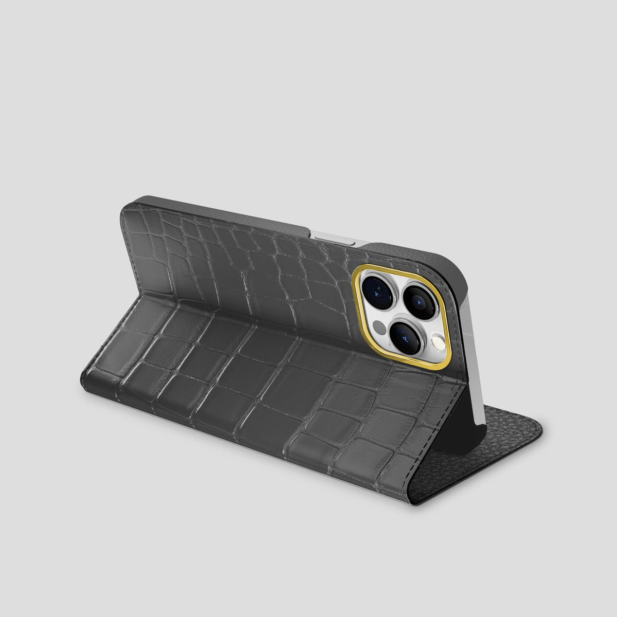 Grey iPhone 15 Pro Max Folio Stand Alligator with Gold Metal -3 | Grey-Gold