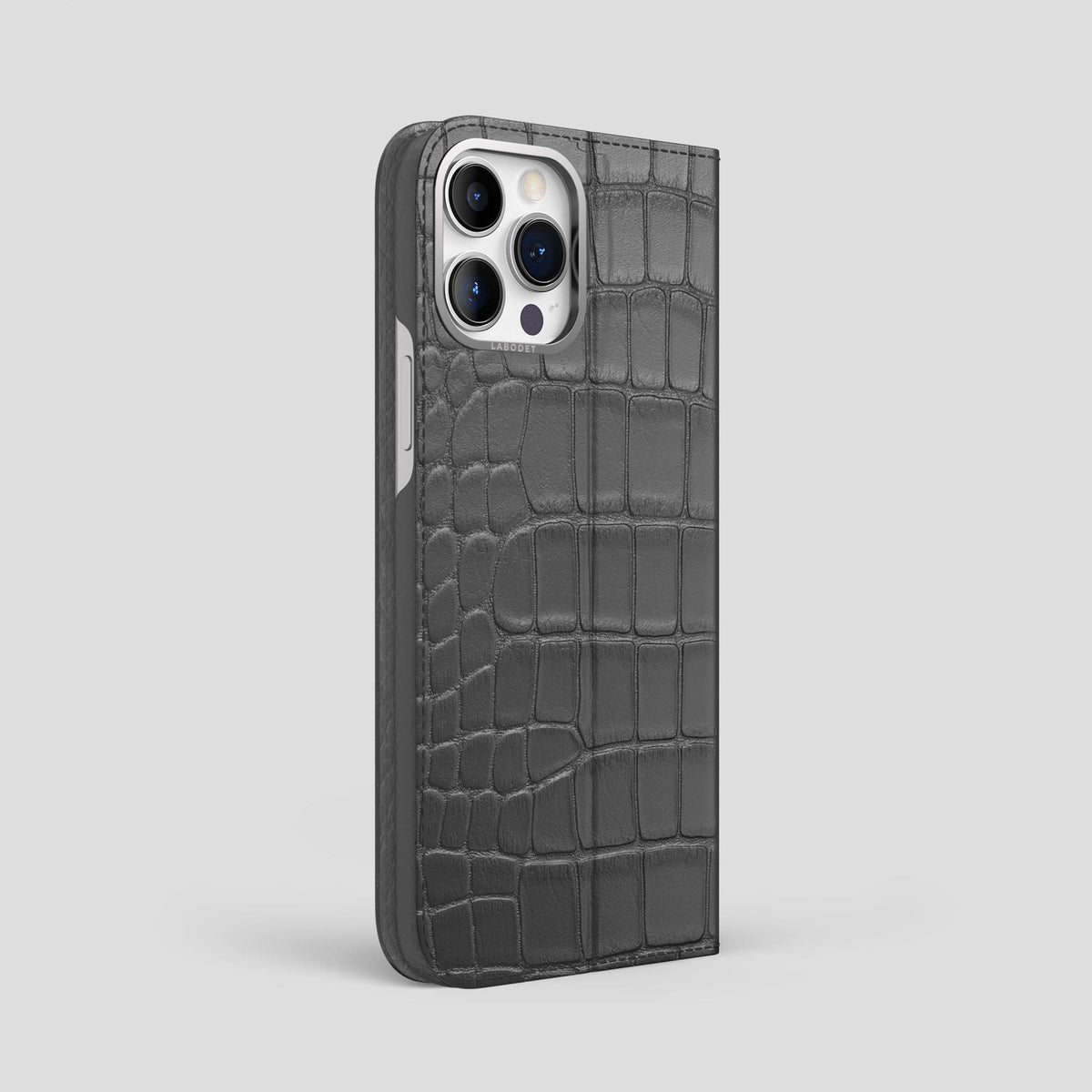 Grey iPhone 15 Pro Max Folio Stand Alligator with Steel Metal -1 | Grey-Steel
