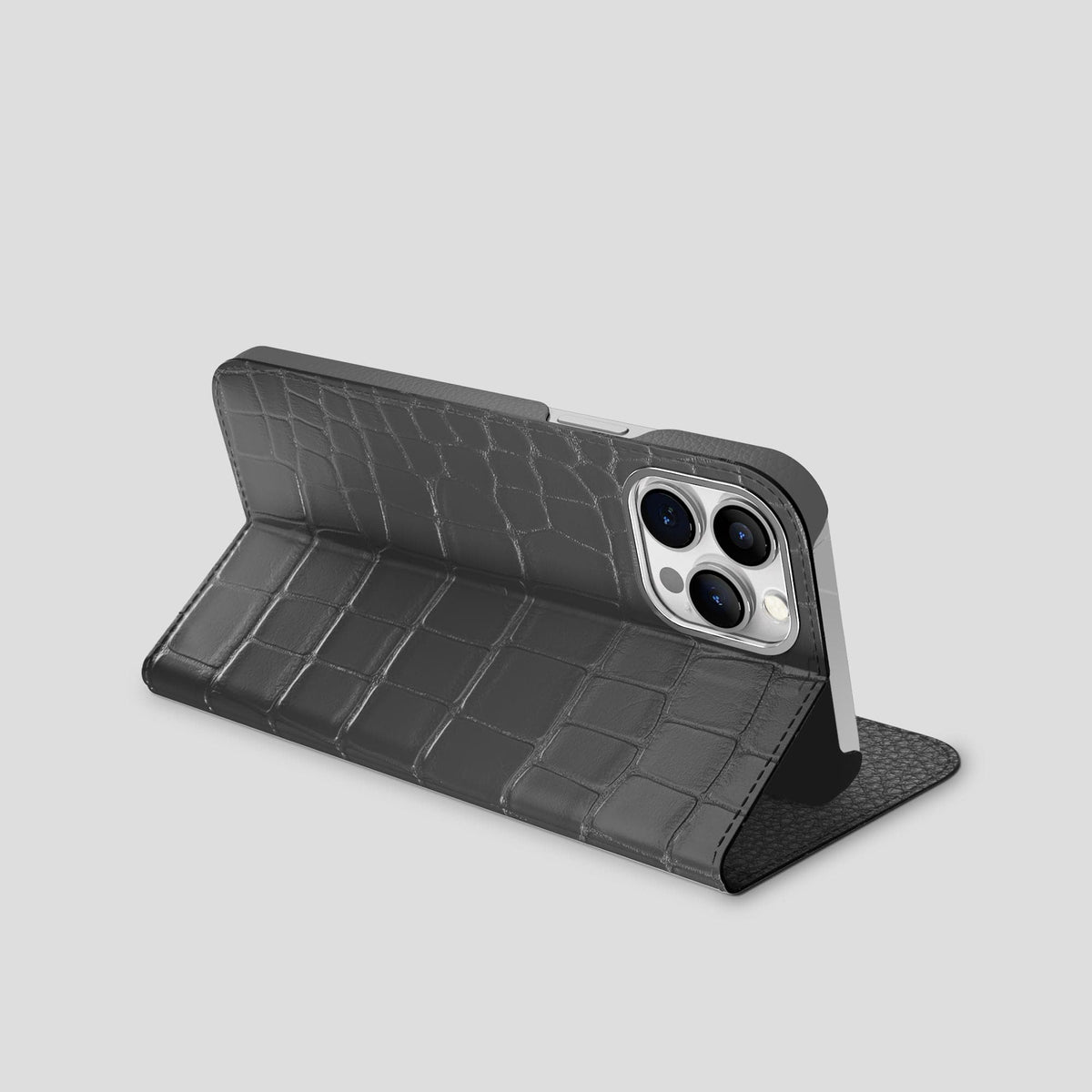 Grey iPhone 15 Pro Max Folio Stand Alligator with Steel Metal -3 | Grey-Steel
