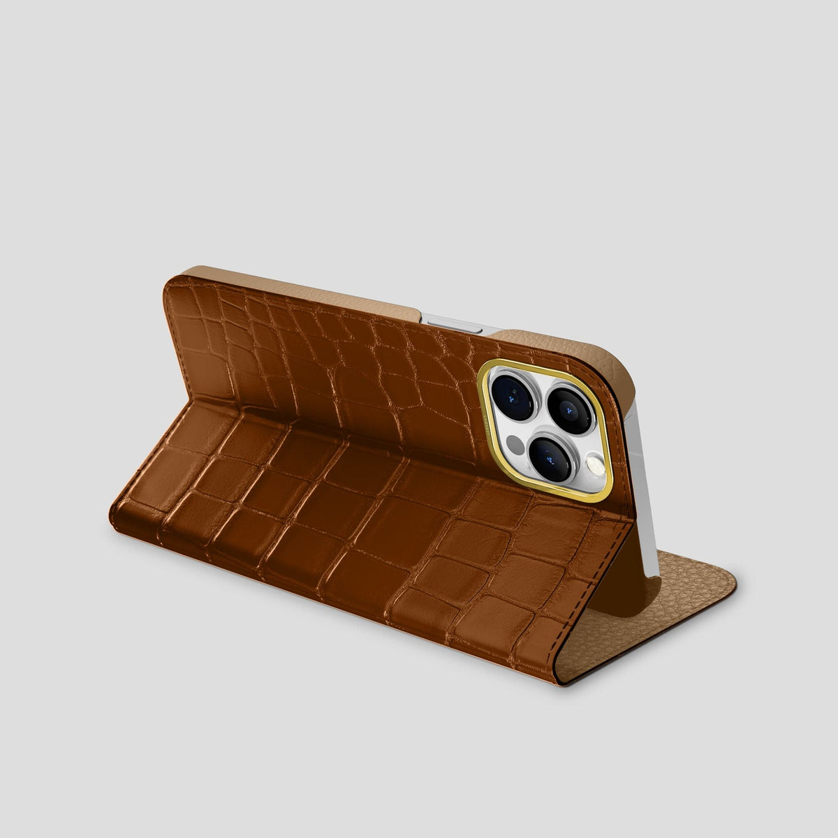 Honey iPhone 15 Pro Max Folio Stand Alligator with Gold Metal -3 | Honey-Gold