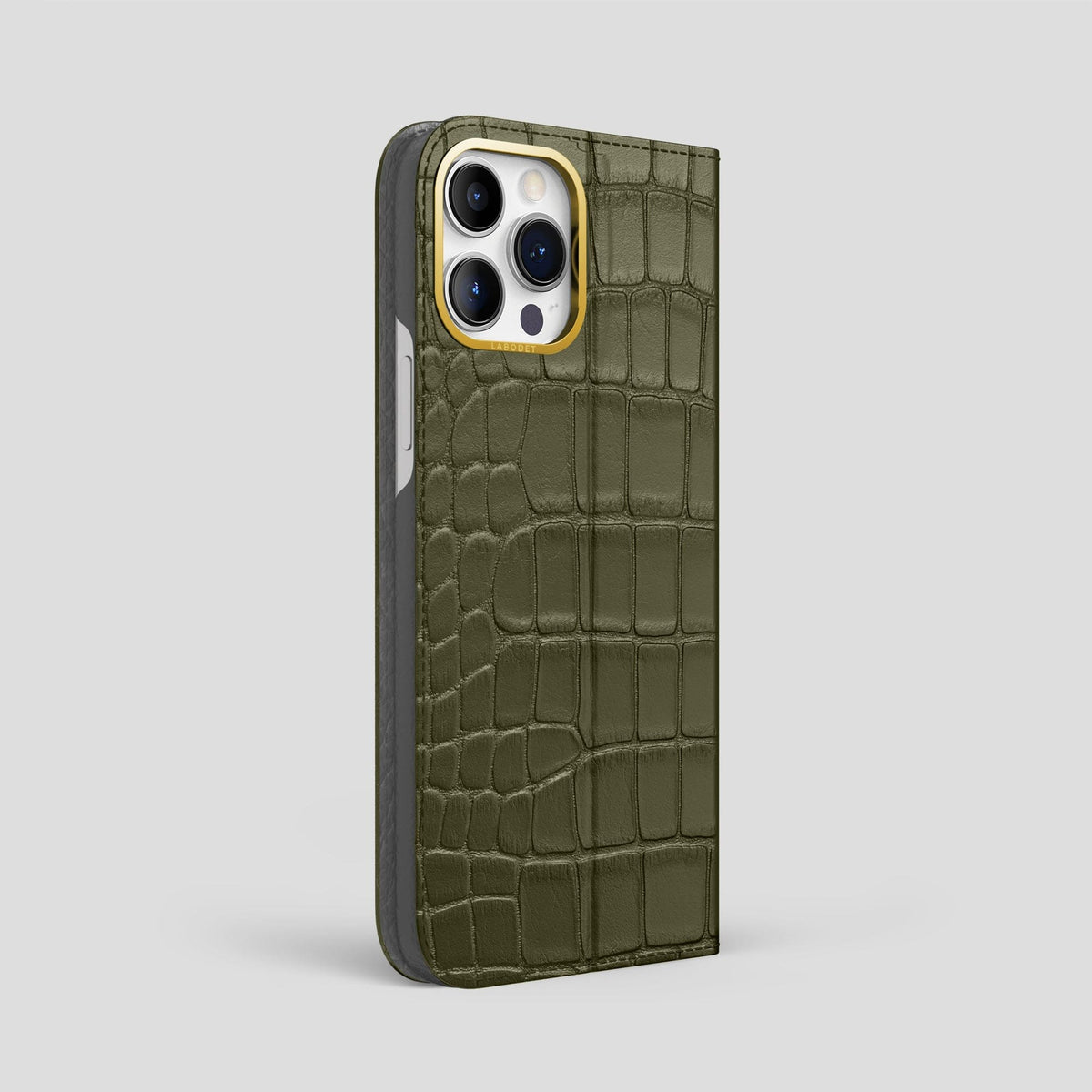 Kaki-Green iPhone 15 Pro Max Folio Stand Alligator with Gold Metal -1 | Kaki-Green-Gold