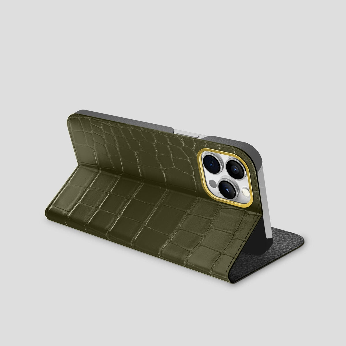 Kaki-Green iPhone 15 Pro Max Folio Stand Alligator with Gold Metal -3 | Kaki-Green-Gold
