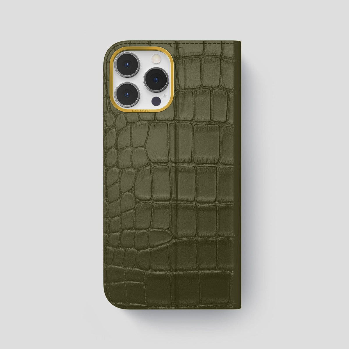 Kaki-Green iPhone 15 Pro Max Folio Stand Alligator with Gold Metal -5 | Kaki-Green-Gold