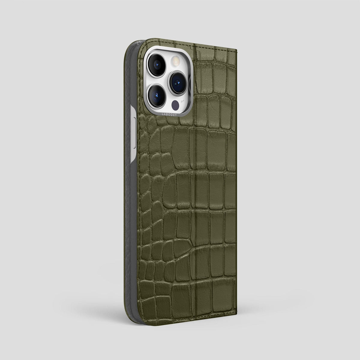 Kaki-Green iPhone 15 Pro Max Folio Stand Alligator with Steel Metal -1 | Kaki-Green-Steel
