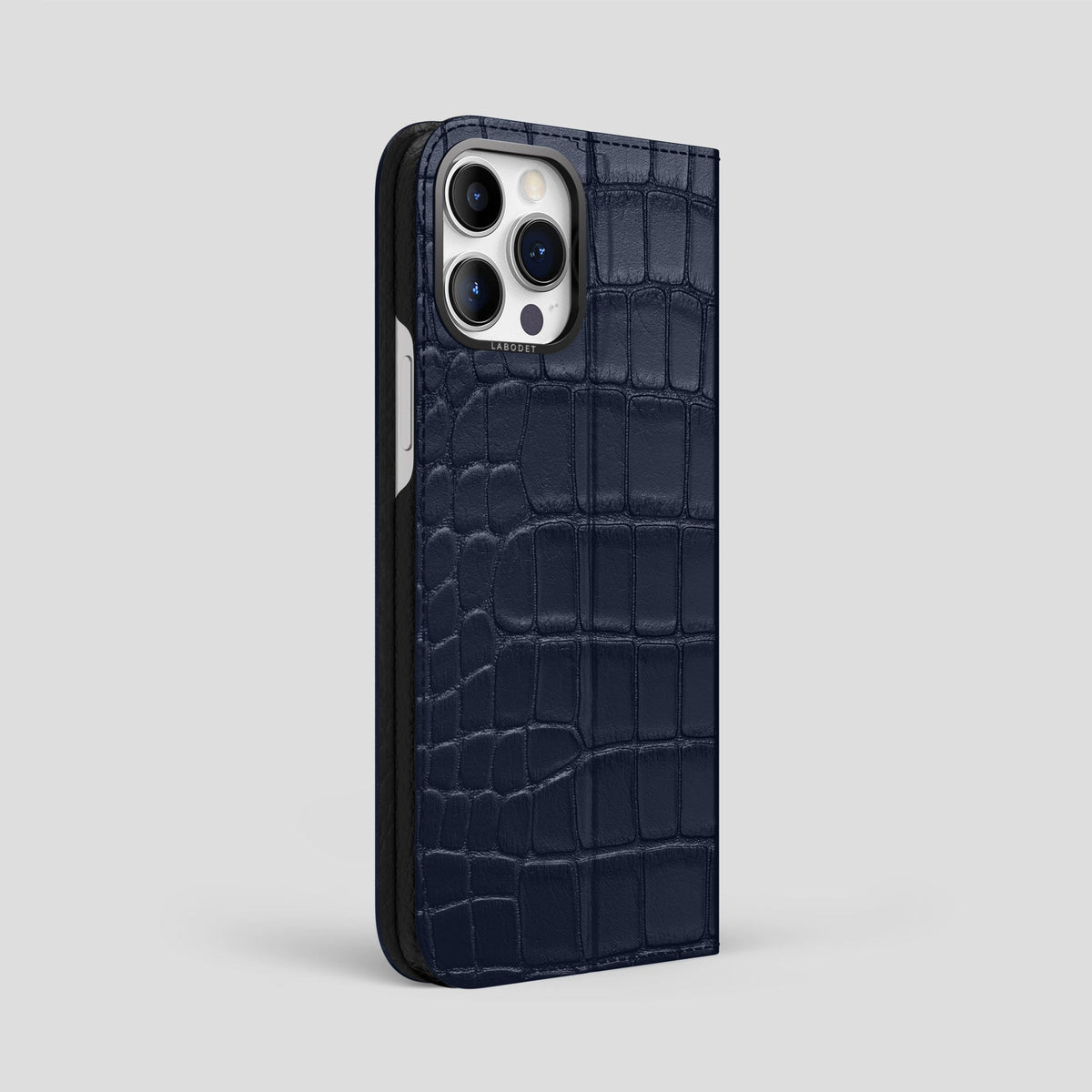 Navy Blue iPhone 15 Pro Max Folio Stand Alligator with Black Metal -1 | Navy-Blue-Black