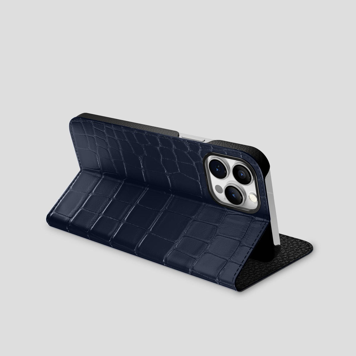 Navy Blue iPhone 15 Pro Max Folio Stand Alligator with Black Metal -3 | Navy-Blue-Black