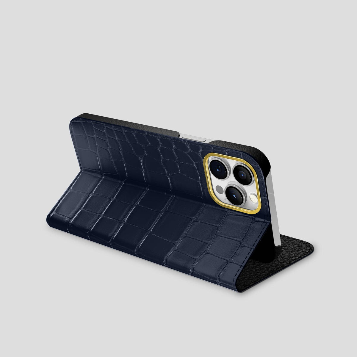 Navy Blue iPhone 15 Pro Max Folio Stand Alligator with Gold Metal -3 | Navy-Blue-Gold