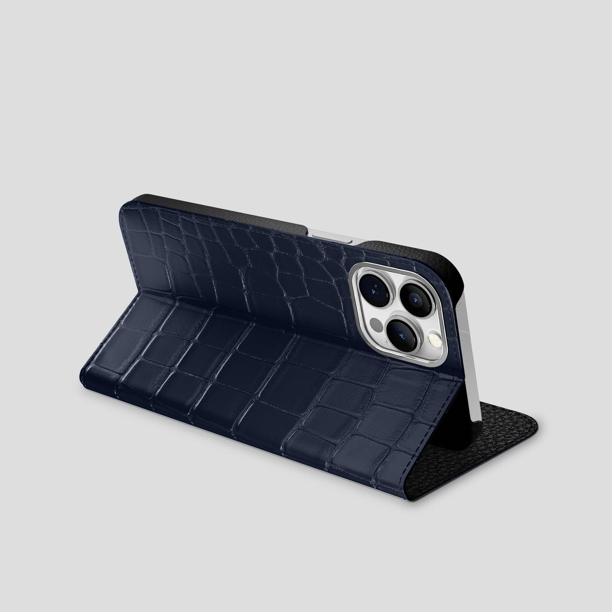 Navy Blue iPhone 15 Pro Max Folio Stand Alligator with Steel Metal -3 | Navy-Blue-Steel