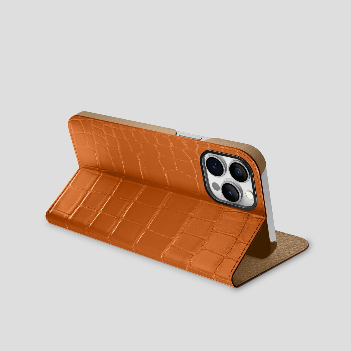 Orange iPhone 15 Pro Max Folio Stand Alligator with Black Metal -3 | Orange-Black