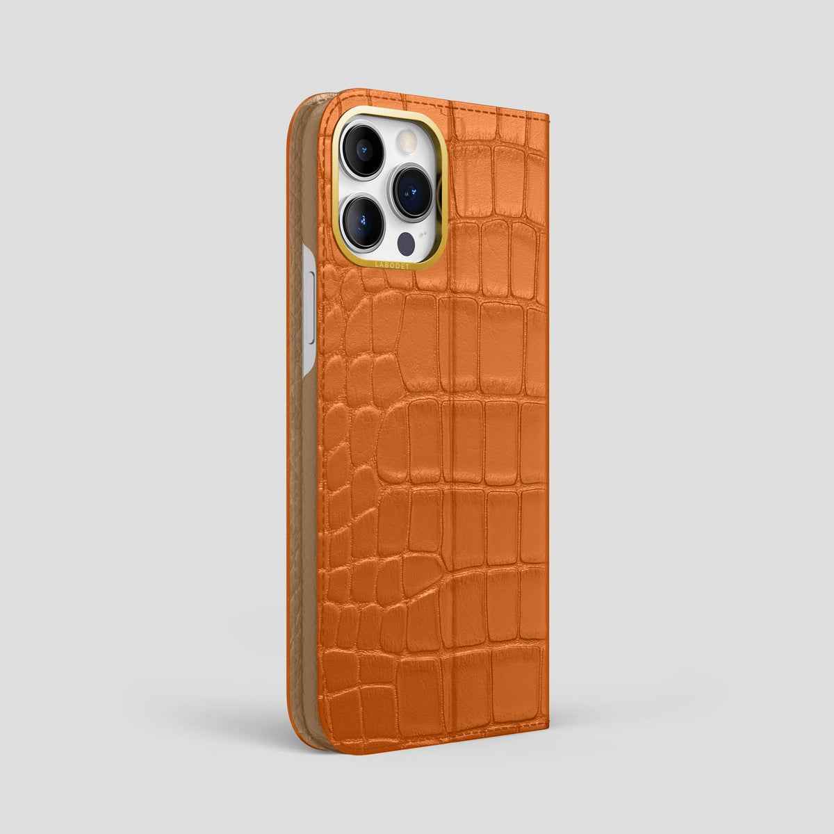 Orange iPhone 15 Pro Max Folio Stand Alligator with Gold Metal -1 | Orange-Gold