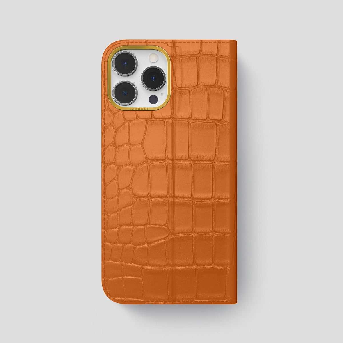 Orange iPhone 15 Pro Max Folio Stand Alligator with Gold Metal -5 | Orange-Gold