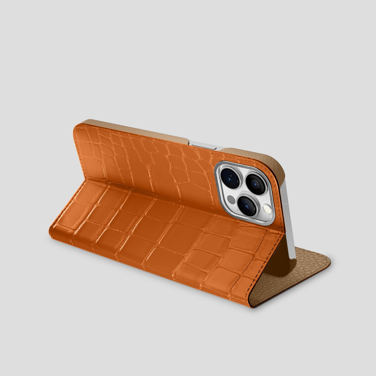 Orange iPhone 15 Pro Max Folio Stand Alligator with Steel Metal -3 | Orange-Steel