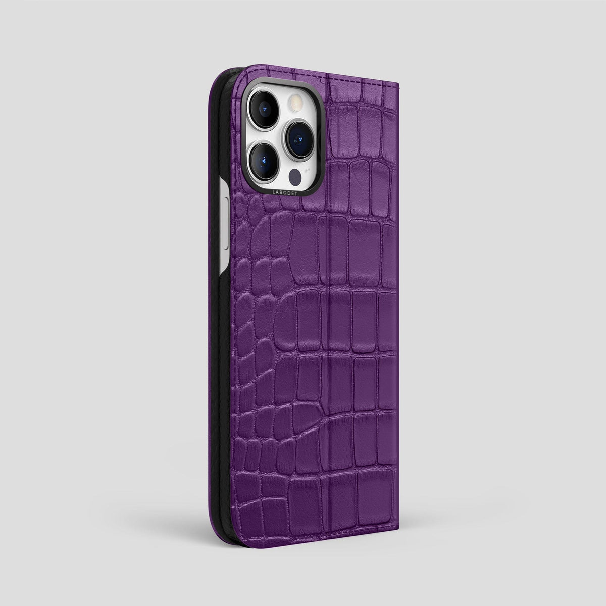 Purple iPhone 15 Pro Max Folio Stand Alligator with Black Metal -1 | Purple-Black