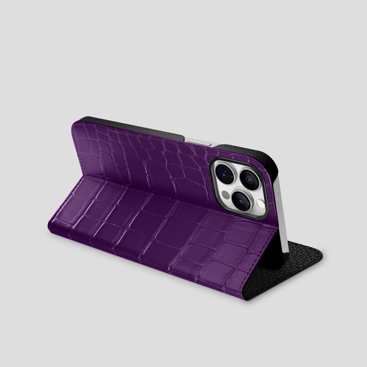 Purple iPhone 15 Pro Max Folio Stand Alligator with Black Metal -3 | Purple-Black