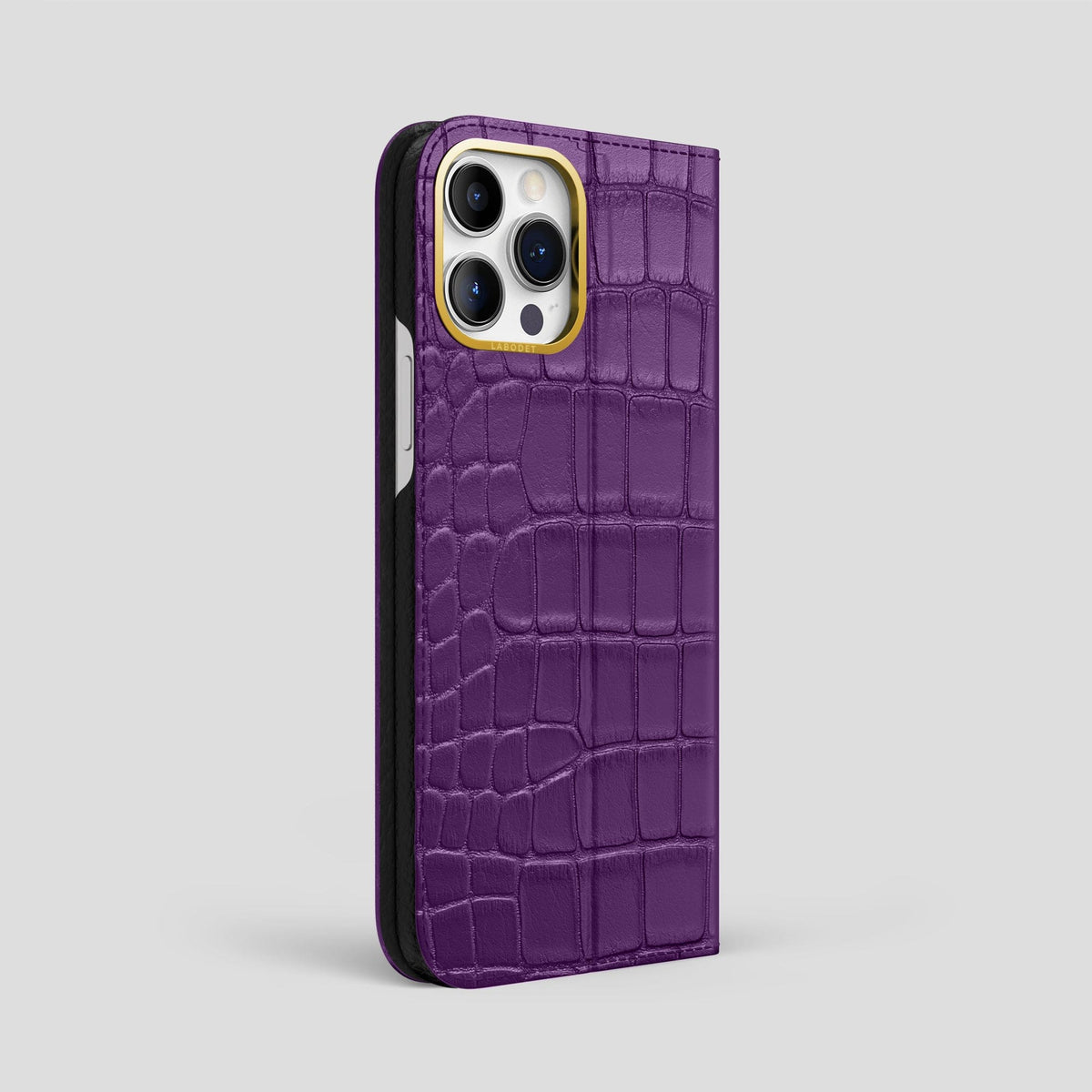Purple iPhone 15 Pro Max Folio Stand Alligator with Gold Metal -1 | Purple-Gold